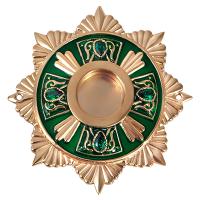 Мощевик накладной из ювелирного сплава в позолоте с зеленой эмалью и фианитами, Ø 63/16 мм