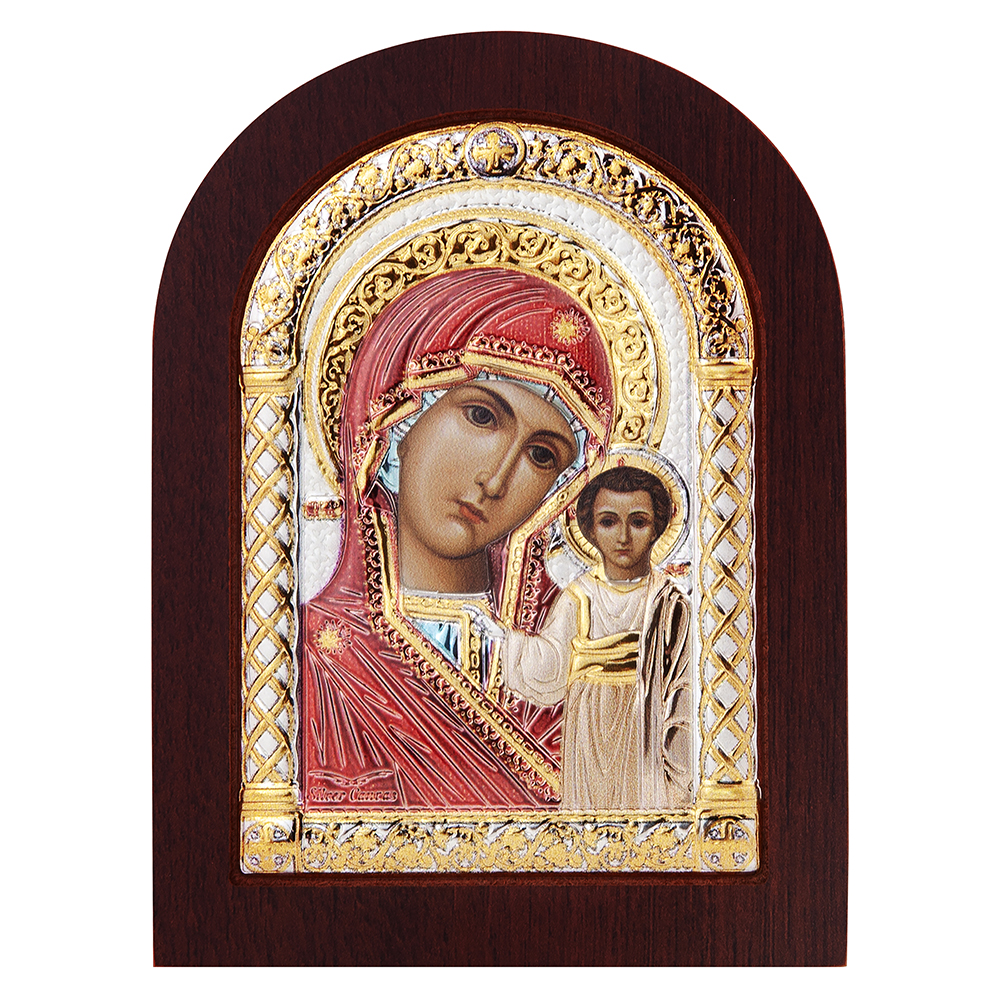 Икона греческая Божией Матери "Казанская", арочной формы на темной деревянной основе, металлический 