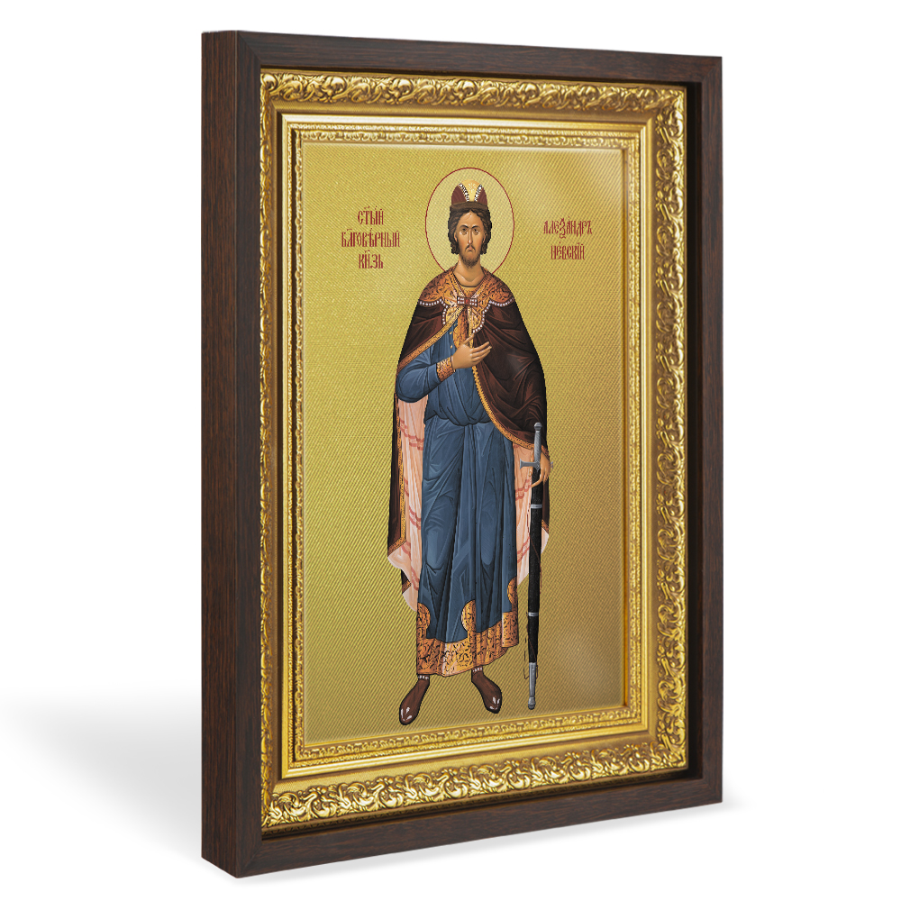 Икона благоверного князя Александра Невского, в широком багете, цвет "темный дуб", на холсте, с золочением №3