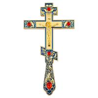 Крест напрестольный / требный, цинковый сплав, синяя эмаль, красные камни, 14,5х26 см, У 55-0022