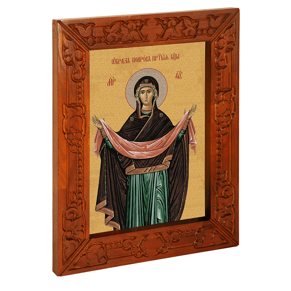 Икона Божией Матери "Покров Пресвятой Богородицы", в узкой резной раме, цвет "кипарис", холст с золочением, ширина рамы 7 см
