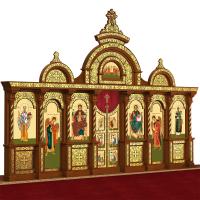 Иконостас деревянный резной "Владимирский" одноярусный, цвет "кипарис" с золотом (поталь), 690х470х40 см