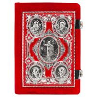Евангелие требное среднее красное, оклад "под серебро", бархат, эмаль, 17х22 см