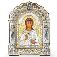 Икона греческая Ангела Хранителя, арочной формы на деревянной основе, металлический оклад, 26,6х33,5