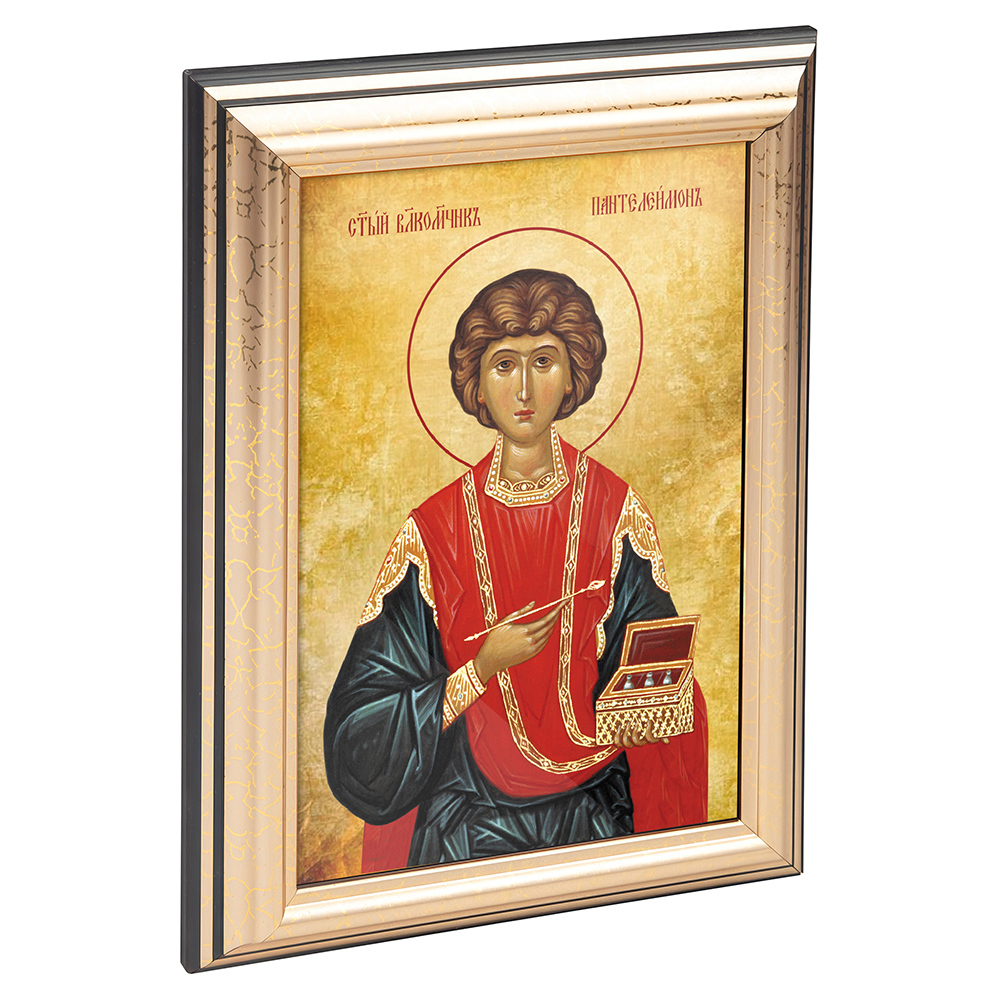 Икона великомученика и целителя Пантелеимона в пластиковой рамке, черная с золотом, 13х1,5х18 см