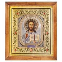 Икона Спасителя &quot;Господь Вседержитель&quot; в деревянном киоте с камнями, 24,8х27,8 см