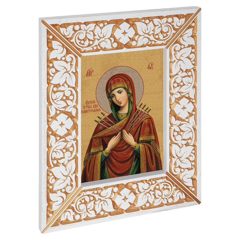 Икона Божией Матери "Семистрельная", в широкой резной раме, белая с золотом (патина), холст с золочением, ширина рамы 12 см