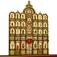 Иконостас деревянный резной "Владимирский" пятиярусный, цвет "кипарис" с золотом (поталь), 690х860х45 см