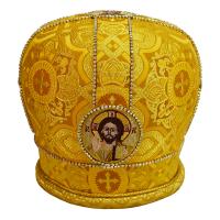 Митра желтая из парчи с вышитыми иконами, стразы