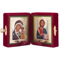 Складень венчальный с ликами Спасителя и Божией Матери "Казанская", 7,5х8,5 см, бархат