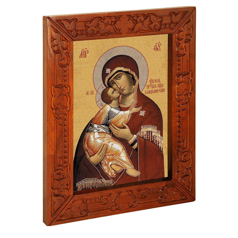 Икона Божией Матери "Владимирская", в узкой резной раме, цвет "кипарис", холст с золочением, ширина рамы 7 см