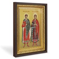 Икона благоверных князей-страстотерпцев Бориса и Глеба, в широком багете, цвет "темный дуб", на холсте, с золочением