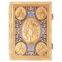 Евангелие напрестольное синее, полный оклад "под золото", 24х31 см