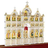 Иконостас деревянный "Романовский" трехъярусный белый с золотом (патина), 704х655х47 см