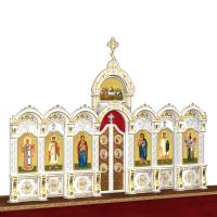 Иконостас деревянный резной "Благовещенский" одноярусный белый с золотом (патина), 664х449х28 см