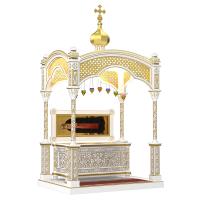 Рака под мощи "Романовская" белая с золотом (патина), с сенью и подиумом / без сени и подиума