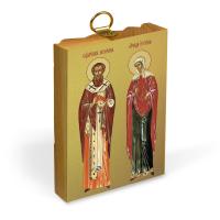 Икона священномученика Киприана и мученицы Иустины Антиохийских на деревянной основе, на холсте с зо