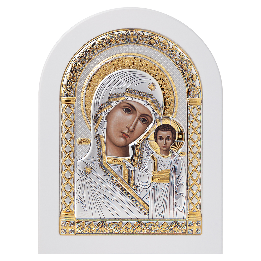 Икона греческая Божией Матери "Казанская", арочной формы на белой деревянной основе, металлический о