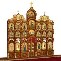 Иконостас деревянный резной "Благовещенский" четырехъярусный, цвет "кипарис" с золотом (поталь), 664