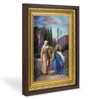 Икона "Беседа Христа с самарянкой", в широком багете, цвет "темный дуб", на холсте, с золочением