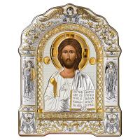 Икона греческая Спасителя &quot;Господь Вседержитель&quot;, арочной формы на деревянной основе, металлический 