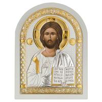 Икона греческая Спасителя "Господь Вседержитель", арочной формы на белой деревянной основе, металлич