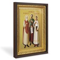 Икона мучеников и исповедников Гурия, Самона и Авива Едесских, в широком багете, цвет "темный дуб", на холсте, с золочением