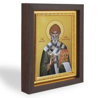 Икона святителя Спиридона Тримифунтского, в узком багете, цвет "темный дуб", на холсте, с золочением
