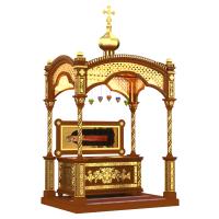 Рака под мощи &quot;Романовская&quot;, цвет &quot;кипарис&quot; с золотом (поталь), с сенью и подиумом / без сени и подиума