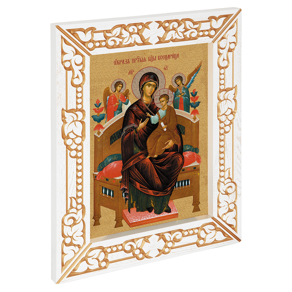 Икона Божией Матери "Всецарица", в узкой резной раме, белая с золотом (патина), холст с золочением, ширина рамы 7 см