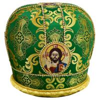 Митра зеленая из парчи с вышитыми иконами, стразы