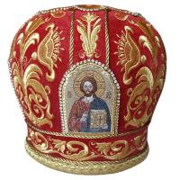 Митра бархатная красная с вышитыми иконами и стразами, бархат