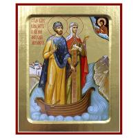 Икона благоверных князя Петра и княгини Февронии Муромских (в ладье), на дереве, золочение (поталь),