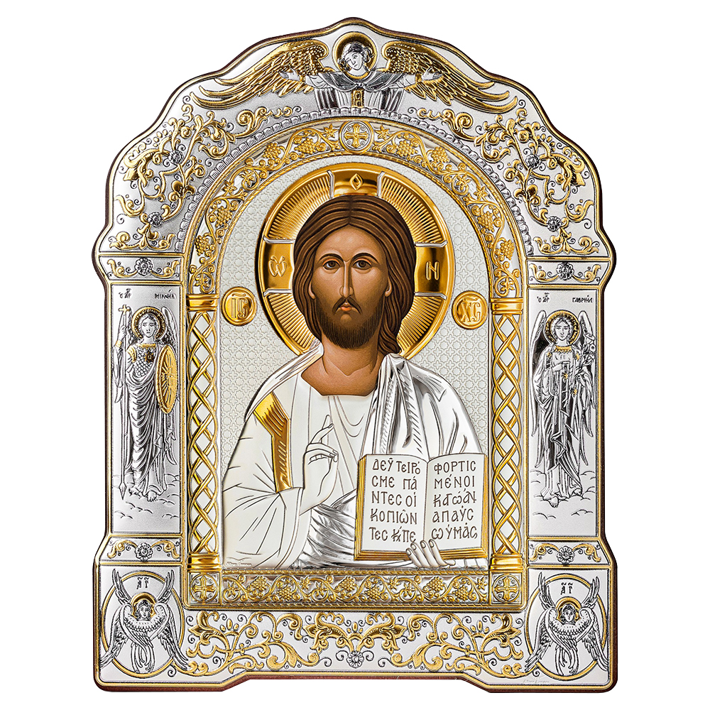Икона греческая Спасителя "Господь Вседержитель", арочной формы на деревянной основе, металлический 