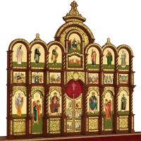 Иконостас деревянный резной "Владимирский" трехъярусный, цвет "кипарис" с золотом (поталь), 690х620х40 см