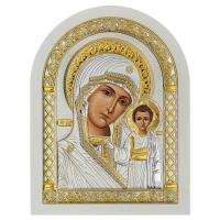 Икона греческая Божией Матери "Казанская", арочной формы на белой деревянной основе, металлический о