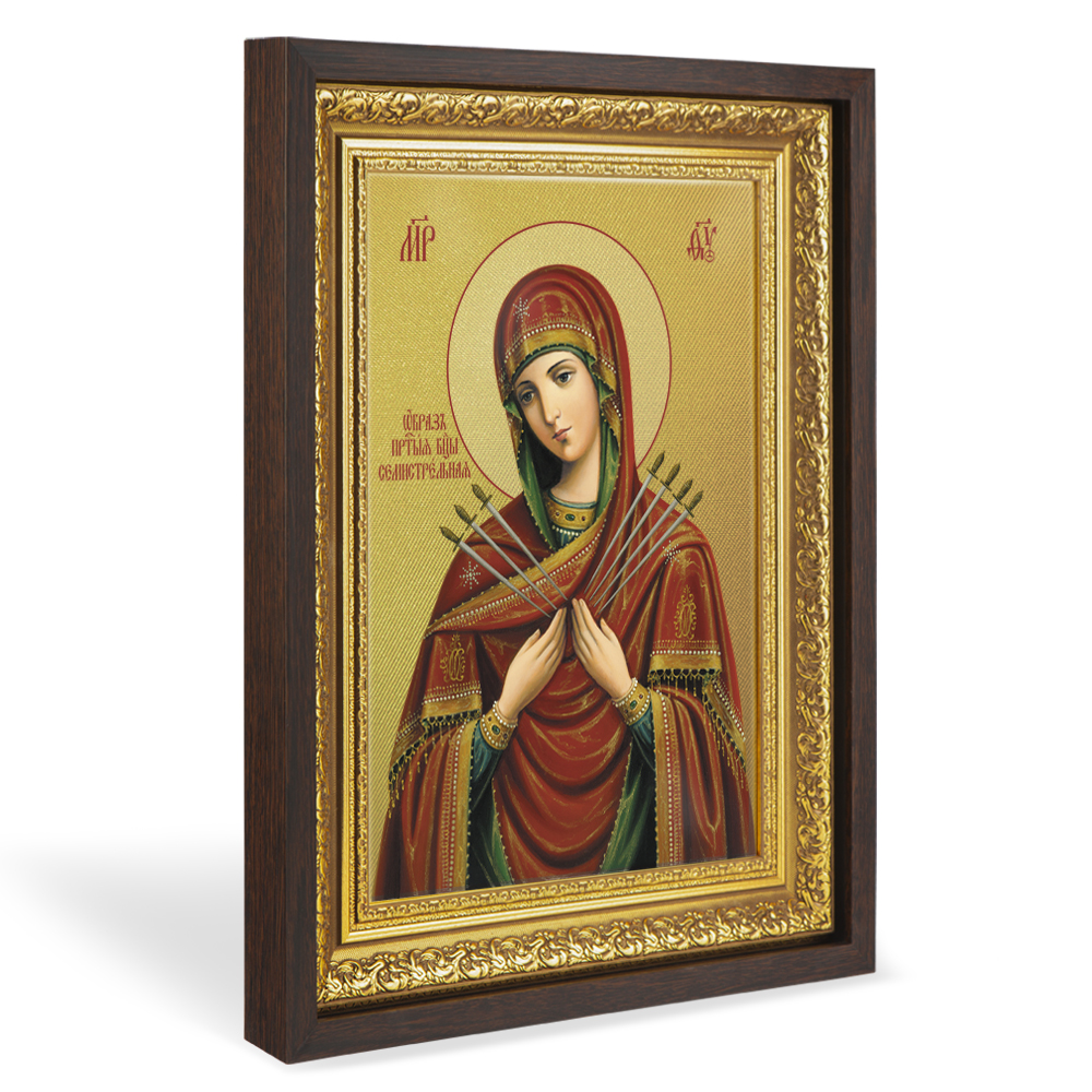 Икона Божией Матери "Семистрельная", в широком багете, цвет "темный дуб", на холсте с золочением