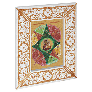 Икона Божией Матери "Неопалимая Купина", в широкой резной раме, белая с золотом (патина), холст с золочением, ширина рамы 12 см (43х51,7 см (под икону А4))