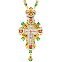 Крест наперсный серебряный, позолота, красные фианиты, высота 15 см
