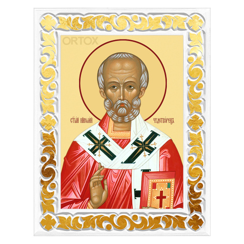 Икона святителя Николая Чудотворца в резной рамке, цвет "белый с золотом" (поталь), ширина рамки 7 см