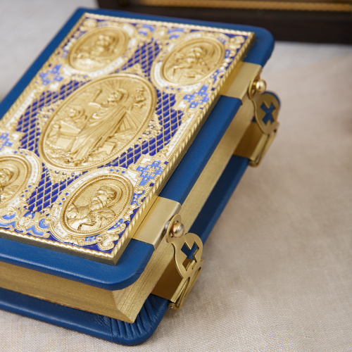 Евангелие требное малое синее, оклад "под золото", кожа, эмаль, 12х16 см фото 7