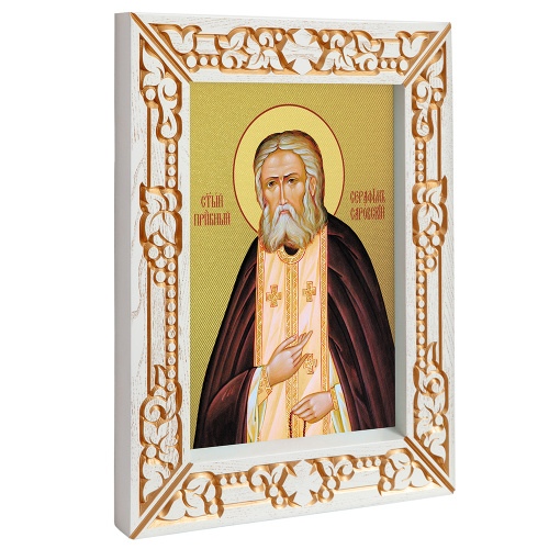 Икона преподобного Серафима Саровского, в узкой резной раме, белая с золотом (патина), на холсте фото 8 Икона преподобного Серафима Саровского, в узкой резной раме, белая с золотом (патина), на холсте фото 8
