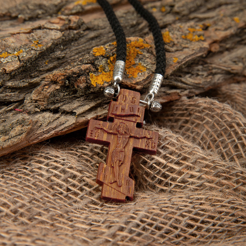 Деревянный нательный крестик с распятием восьмиконечный, цвет темный, высота 5,2 см фото 4