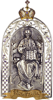 Икона серебряная настольная "Спас на троне", с позолотой и камнями