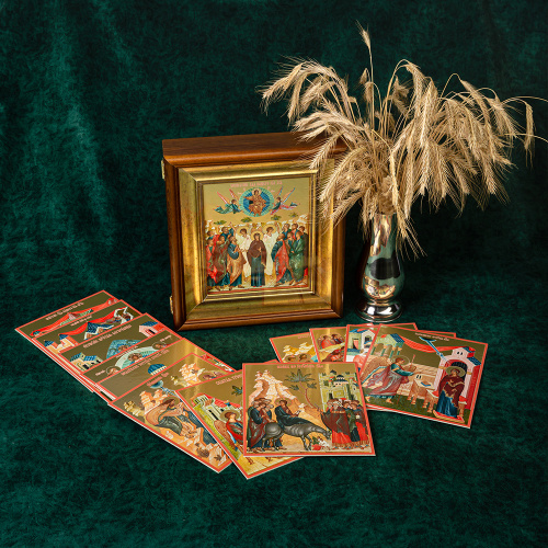 Комплект икон "Двунадесятые праздники" в киоте (широкий багет с золочением), 13 икон, 17,2х20,8 см, картон фото 2