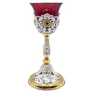Лампада напрестольная латунная в серебрении и позолоте, фианиты, 13х26,5 см (красный стаканчик, красные фианиты)
