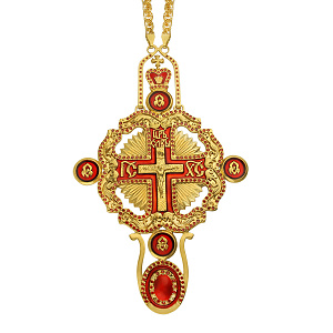 Крест наперсный из ювелирного сплава с цепью, позолота, красные фианиты, высота 18,5 см (эмаль)