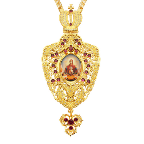 Панагия из ювелирного сплава в позолоте с цепью, белые и голубые фианиты, высота 15 см фото 2