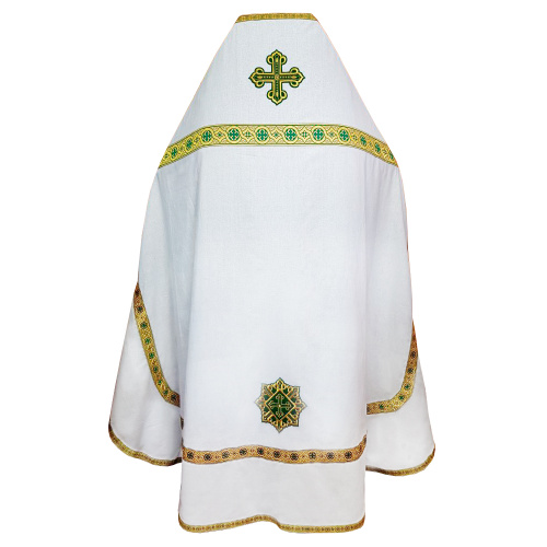 Иерейское облачение бело-зеленое, цветной галун, лен, зеленый подклад с рисунком "крест" фото 2