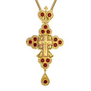 Крест наперсный из ювелирного сплава с цепью, позолота, красные фианиты, высота 19 см (вес 260,35 г)